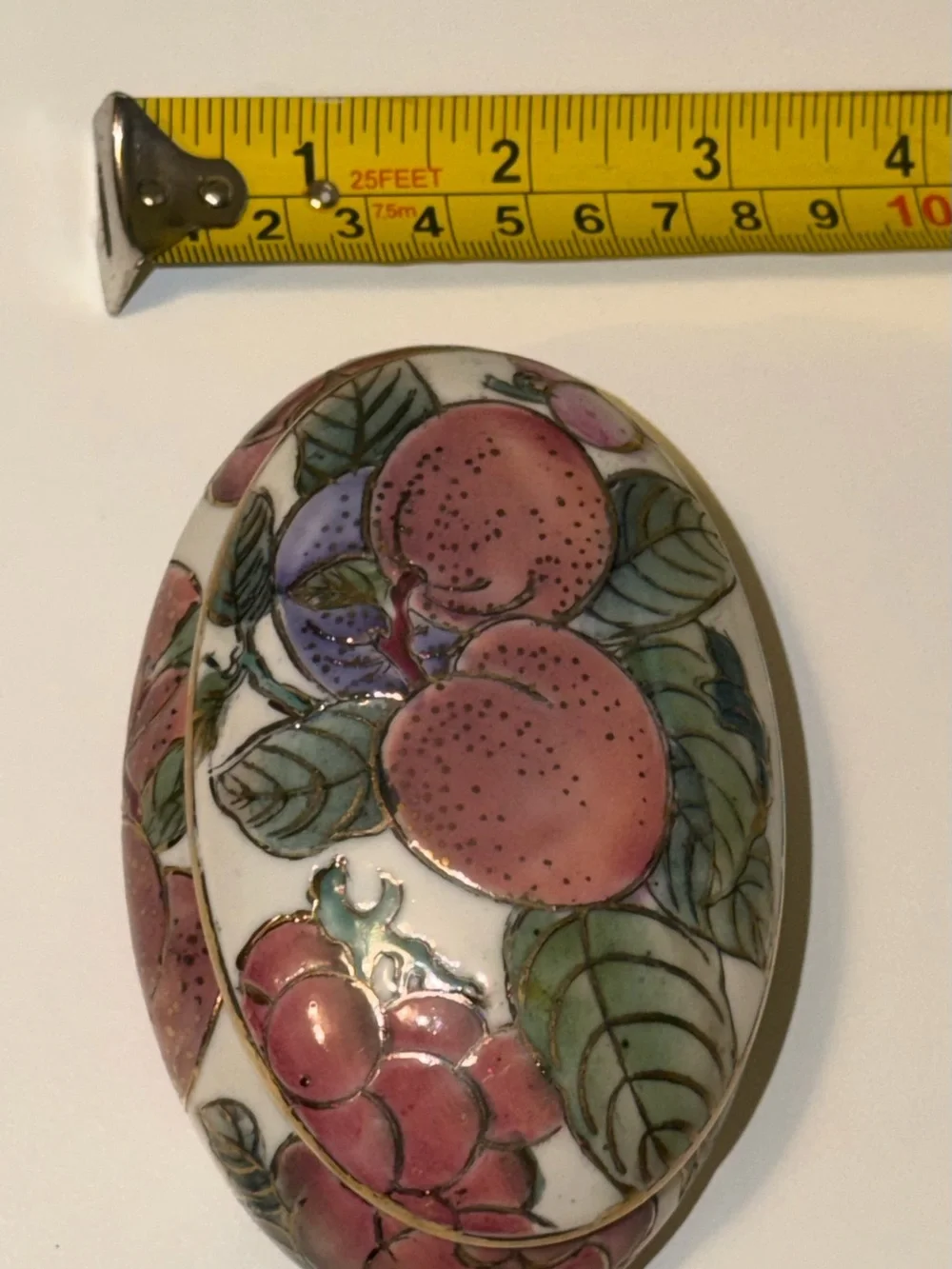 Vtg Toyo China Oval Porcelain Box Enamel Peaches & Fruit Motif Dish w/ gold trim